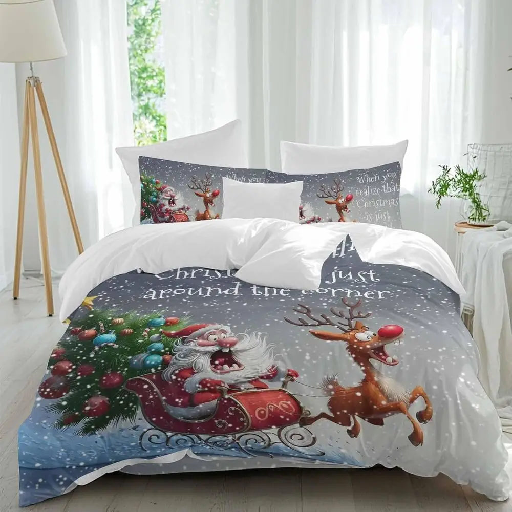 

SClaus Sheet Set, Chrisas unny Reindeer Xmas Tree Wintr lake 4 Pieces Breathable Sot Duvet Cover Set Bedding Cozy Bed lat Sheets