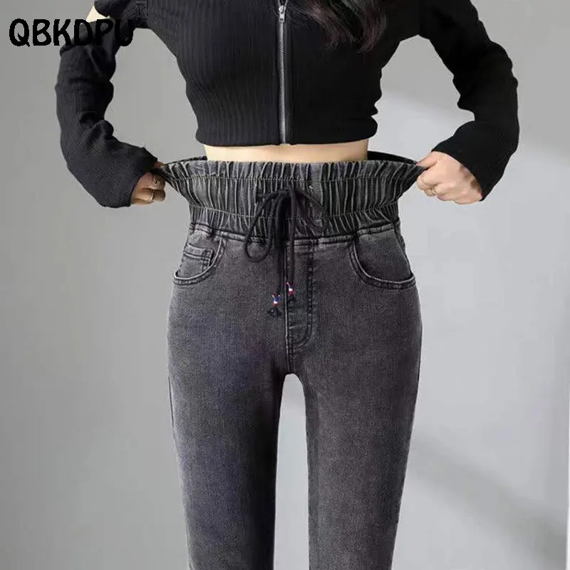 

Vintage High Elastic Waist Skinny Jeans Women Plus Size Chic Drawstring Slim Denim Pants Black Grey Pencil Pantalones De Mujer