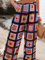 Plus Size Geo Print Straight Leg Pants, Boho Slant Pocket Pants For Spring & Summer, Women's Plus Size Clothing