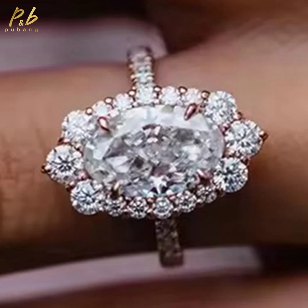 

PuBang Sparkling 3EX VVS1 D Color 4Carat Center Moissanite Fine Jewelry Woman Ring Crushed Ice Oval Cut 14k Solid Rose Gold Band