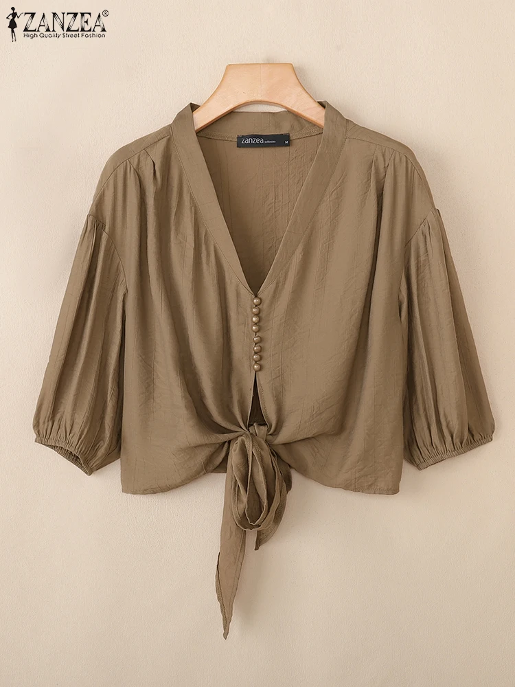 Blusa de gasa Vintage 3/4 Tops de manga acampanada ZANZEA 2025 moda mujer Blusas con cuello en V túnica de Color sólido Jersey suelto Casual