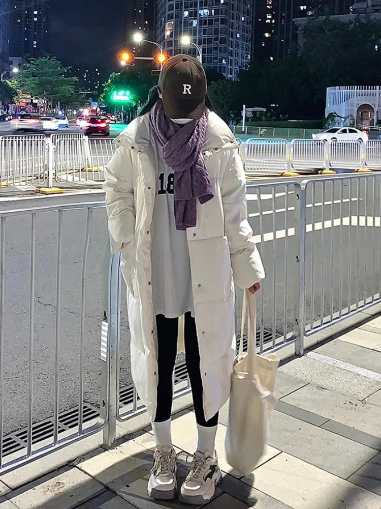 เสื้อโค้ทผู้หญิงสไตล์เกาหลี ผ้าฝ้าย แจ็คเก็ตฤดูหนาว ทรงยาว สไตล์ลำลอง ทรงขนมปัง เสื้อคลุมยาวคลุมเข่า ทรงหลวม สวมใส่สบาย