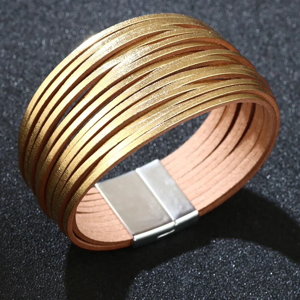 

Charmsmic New Golden PU Leather Wide Bracelets For Women Office Lady Velvet Magnetic Clasp Female Wristband Jewelry Wholesale