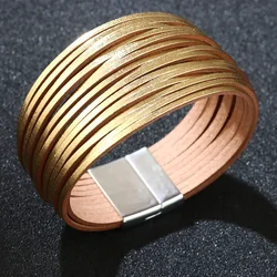 Charmsmic New Golden PU Leather Wide Bracelets For Women Office Lady Velvet Magnetic Clasp Female Wristband Jewelry Wholesale