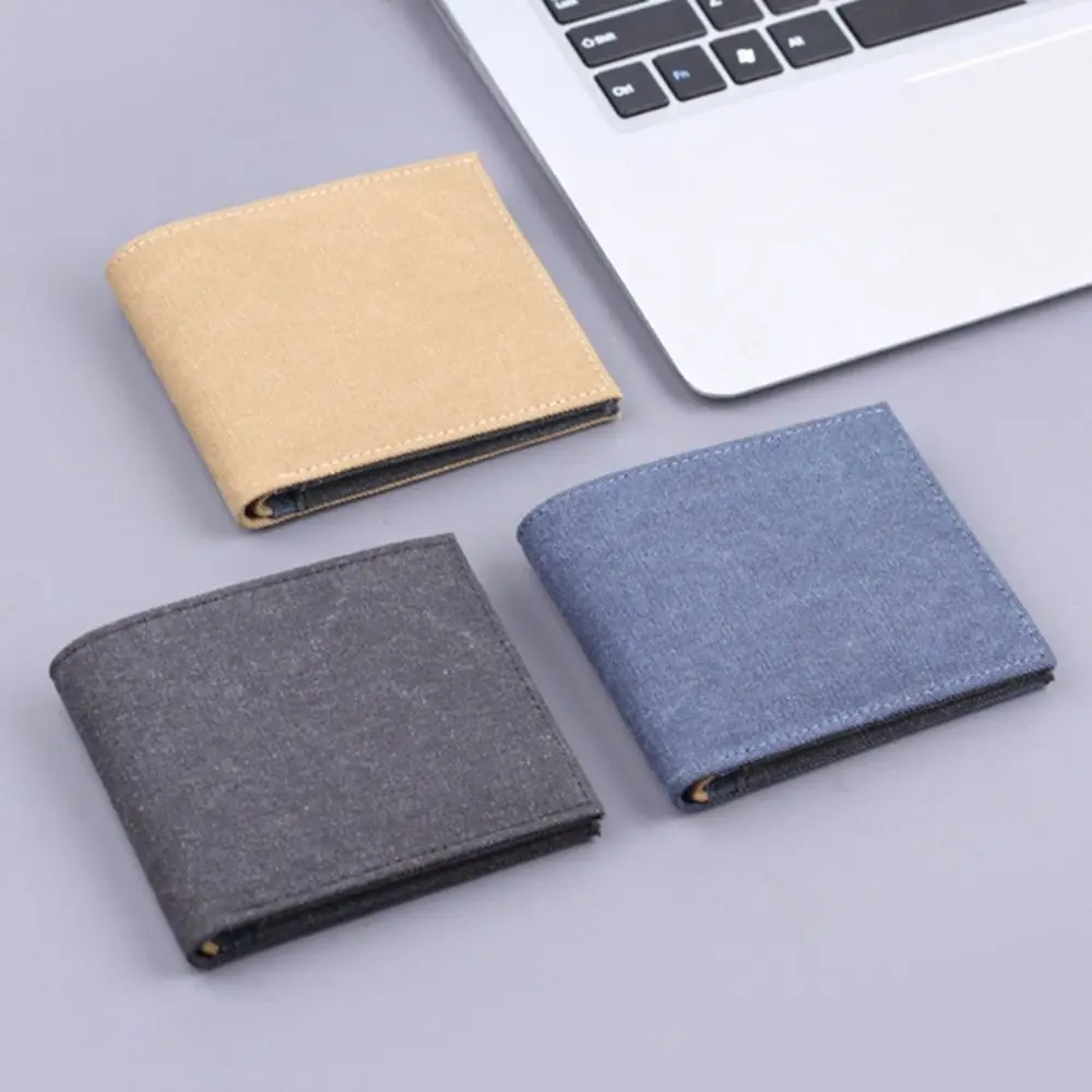 

Minimalist Canvas Men's Short Wallet Two-fold Black Blue Coffee Retro Coin Purse Large Capacity Multiple Pockets Men Women