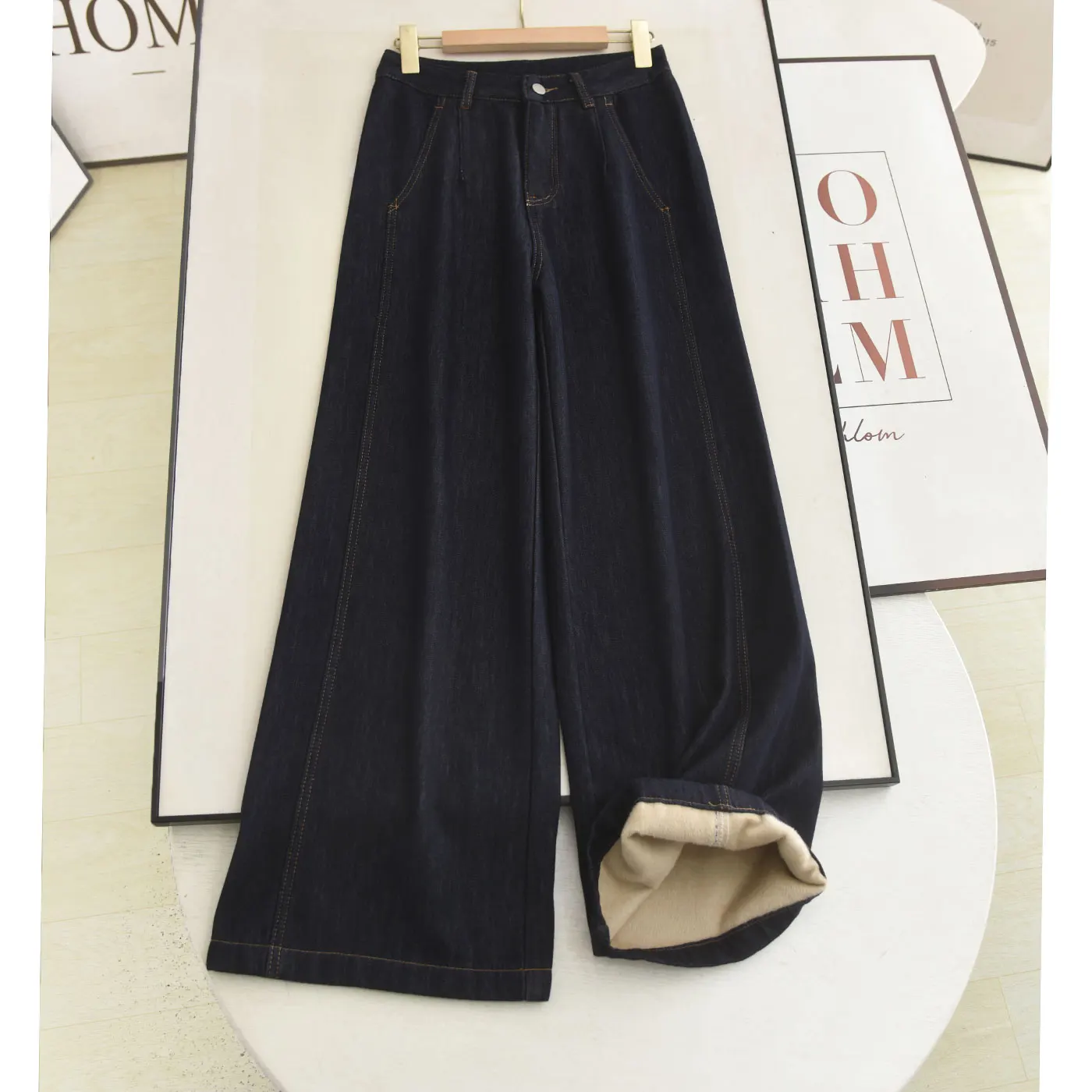 

High Waist Thiened Fce Wide Leg Pants Deep Blue Jeans Women's Casual Sle No Brand Registered Trademark 2025 Winter New