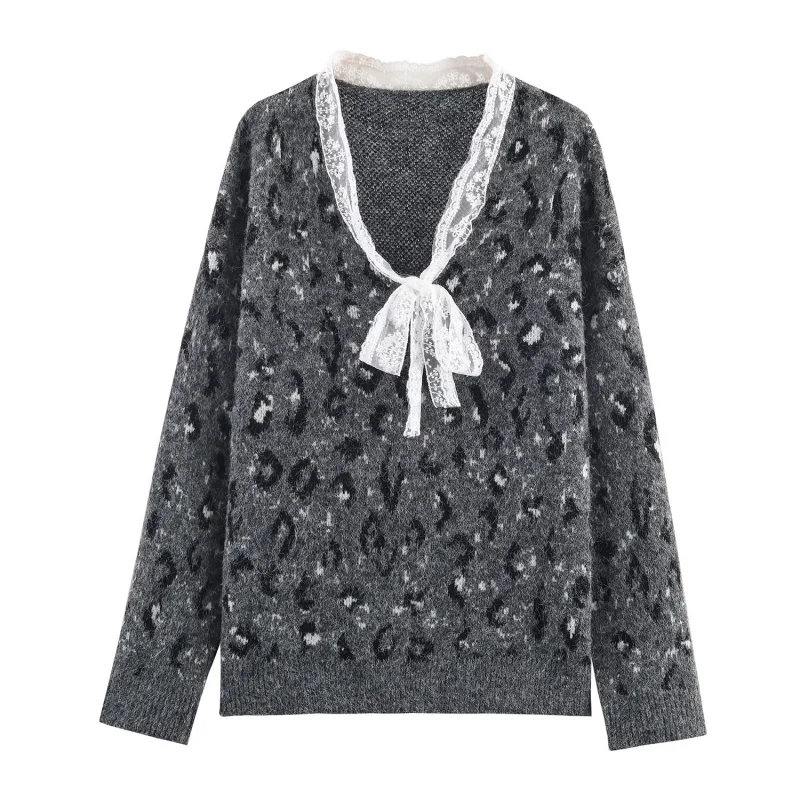 

2025Новый осенне-зимний нишевый дизайн, модный брендовый кружевной свободный пуловер с леопардовым принтом, уникальный вязаный свитер