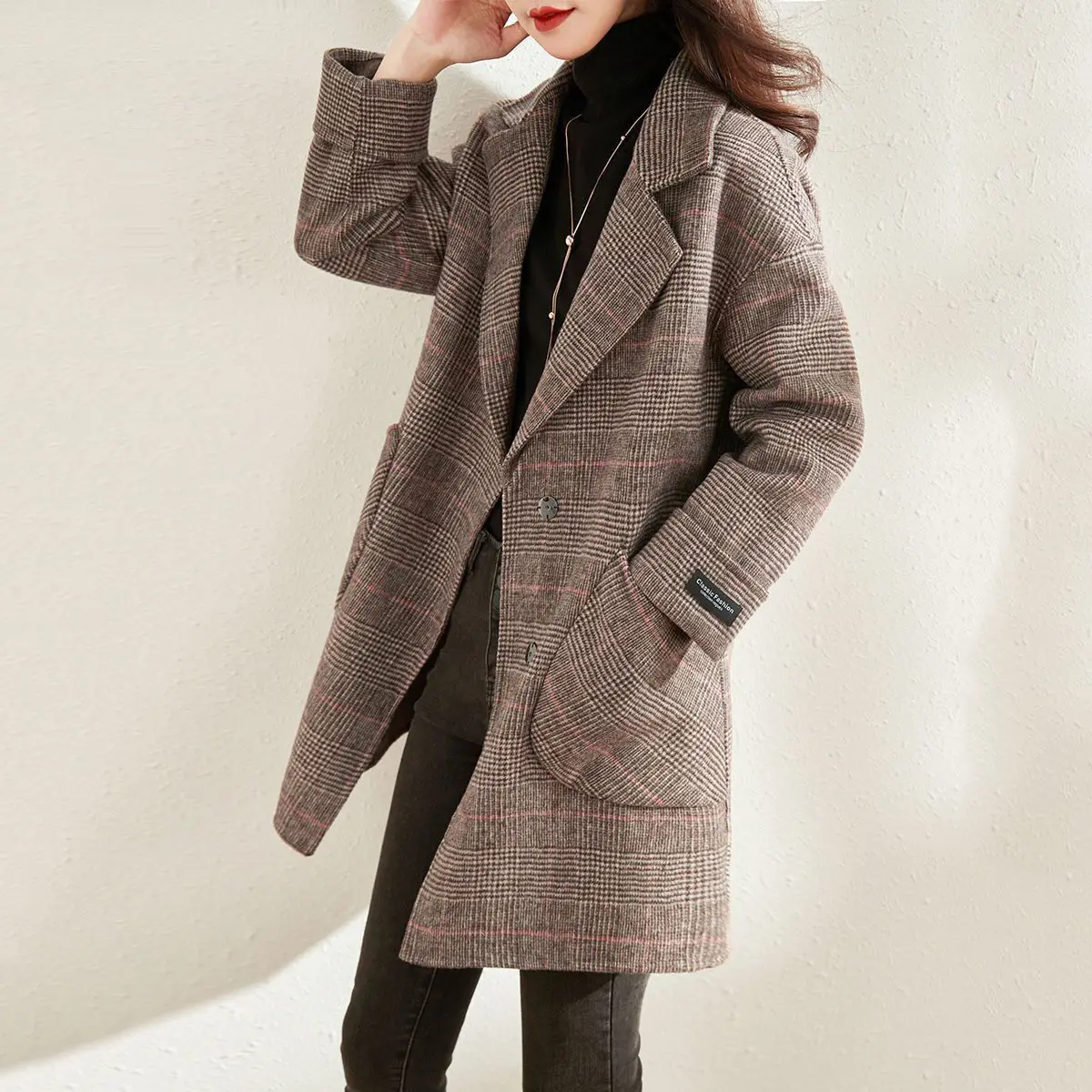 Women's Wool & Blends Coat Loose Plaid Long Ladies Jackets Casual Autumn Fashion 2024 Korean Style Clothing Outerwears Medium