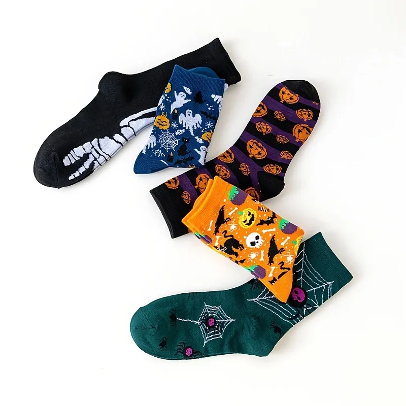 5Pairs Halloween Novelty Socks Men Women Funny Pumpkin Ghost Skeleton Spider Cat Print Mid‑Calf Socks Holiday Party Cosplay Sock view 3