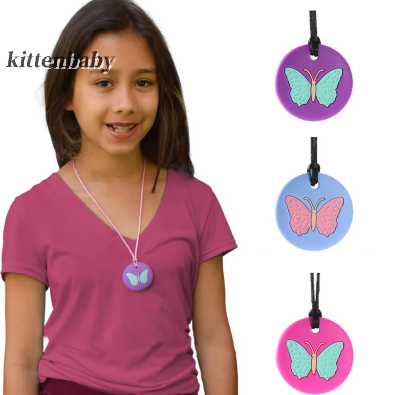Chewy Necklace Butterfly Shape Autism Biting Sensory Child Silicone Teether Chew Toy Children Silicone Teether Pendant