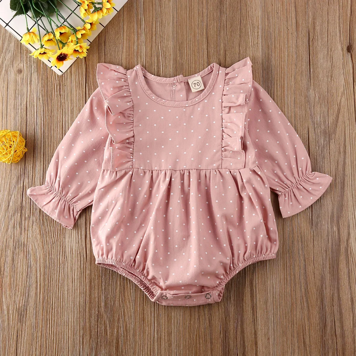 

Baby Polka Dot Print Romper Infant Long Sleeve Jumpsuit with Ruffle Casual O-neck Button-up Outfit for Spring Fall