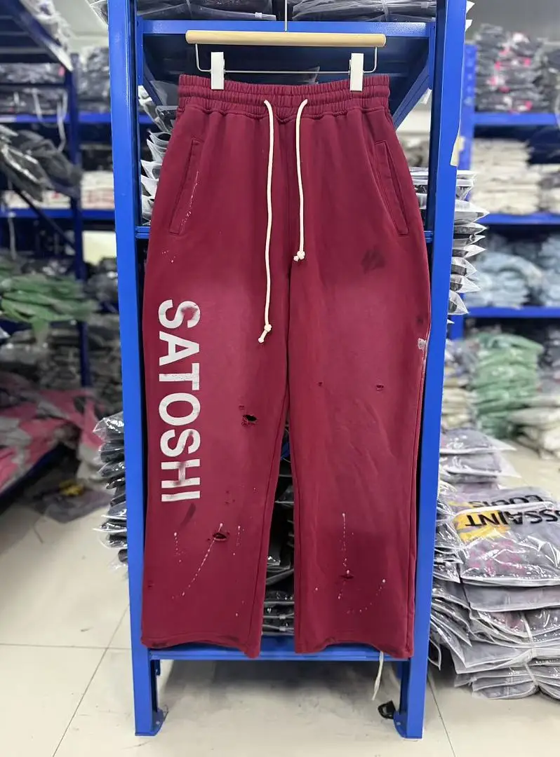 2026ss Top Quality Satoshi Nakamoto Drawstring Splatter‑Wash Distressed Women Men Sport Pants Loose Men Sweatpants Trousers