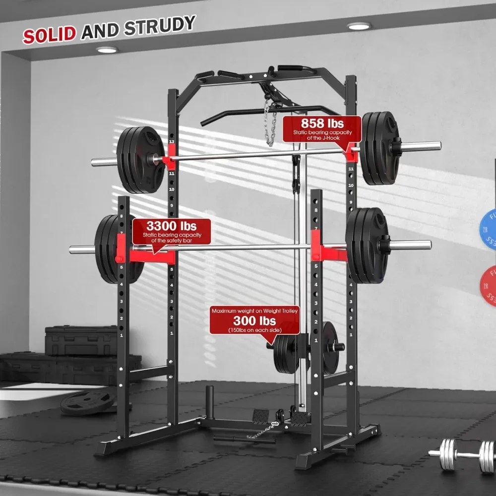 Multi-Function Power Rack with Pulley System Strength Training for Home Gym, Bench Press Squat LAT Pull-Down Pull-up
