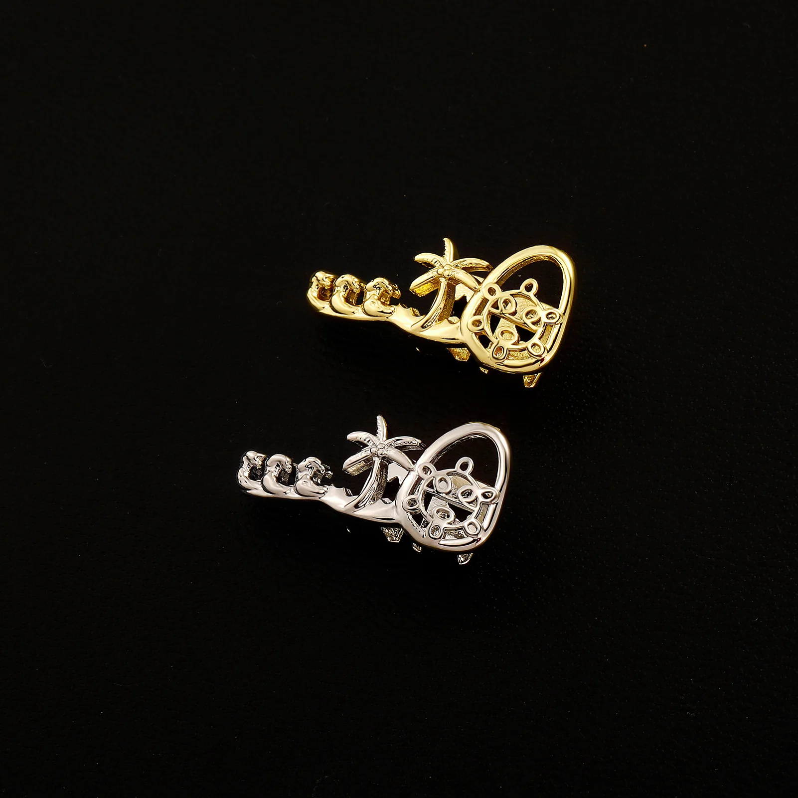 TOPGRILLZ Island Theme 3 Tooth Grillz Gold Plated Boat Palm Tree Turtle Relief Carved Bar Teeth Jewelry Men Women