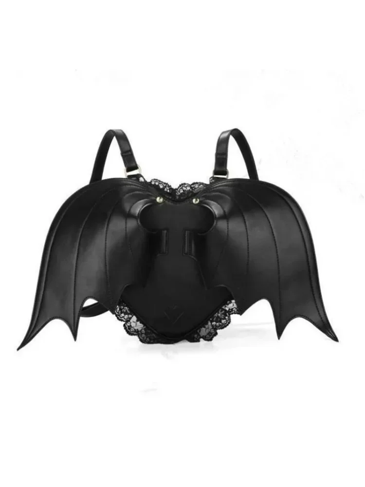 Y2K Black Harajuku Style Gothic Lolita Heart-shaped Lace Devil Bat Wings Backpack Street Vintage Packsack Student School Bag