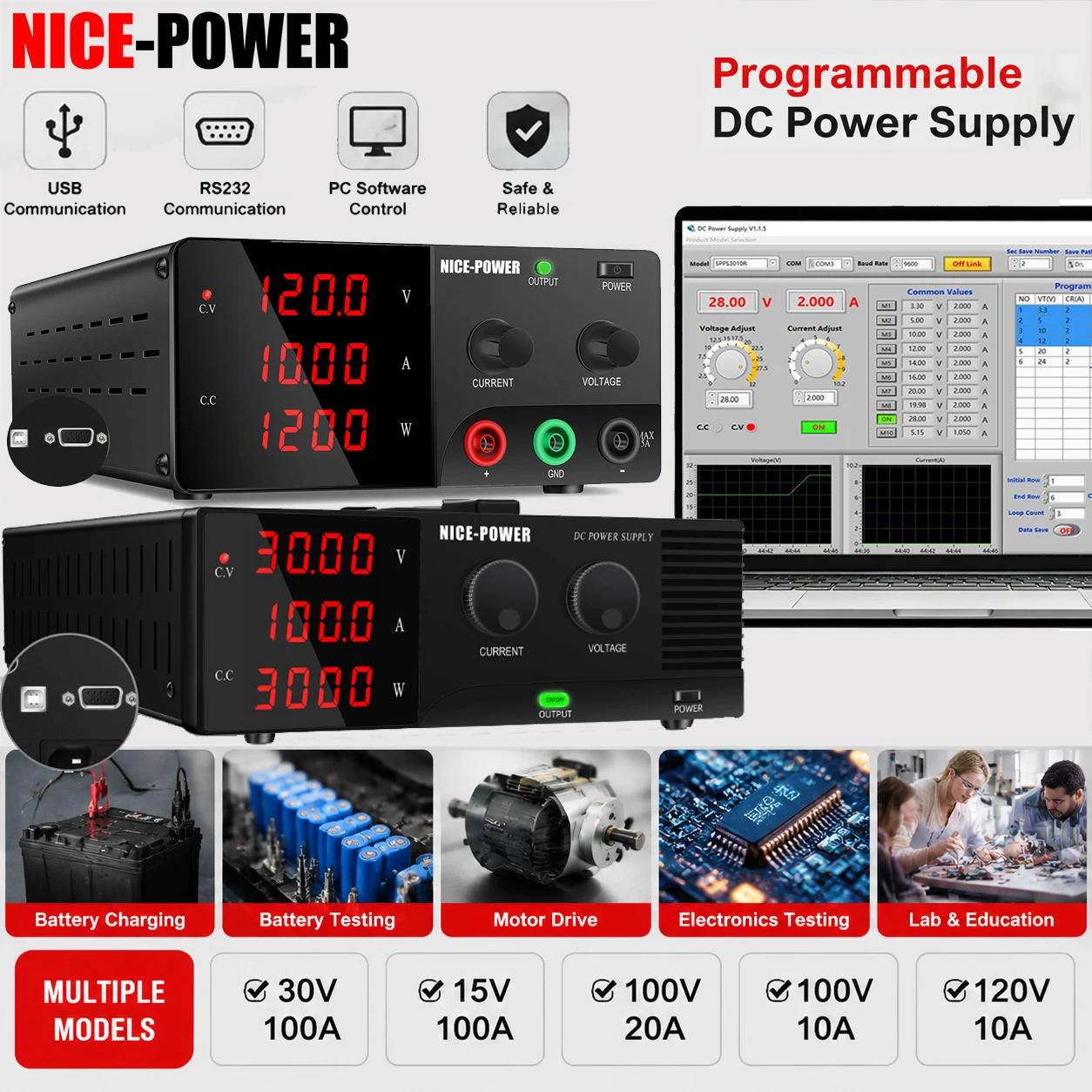 NICE-POWER Alimentation DC de Laboratoire Variable 30V 100A 3000W, Alimentation de Banc 100V 10A 20A / 120V 10A, Source d'Alimentation 48V 60V 72V pour Charge de Batterie et Tests de Produits