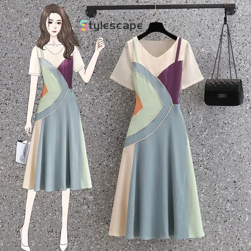 

Elegant and Socialite Dress 2024 New Summer Oversized Niche Design Feels Slimming and Fake Two Elegant Contrasting Color Dresses