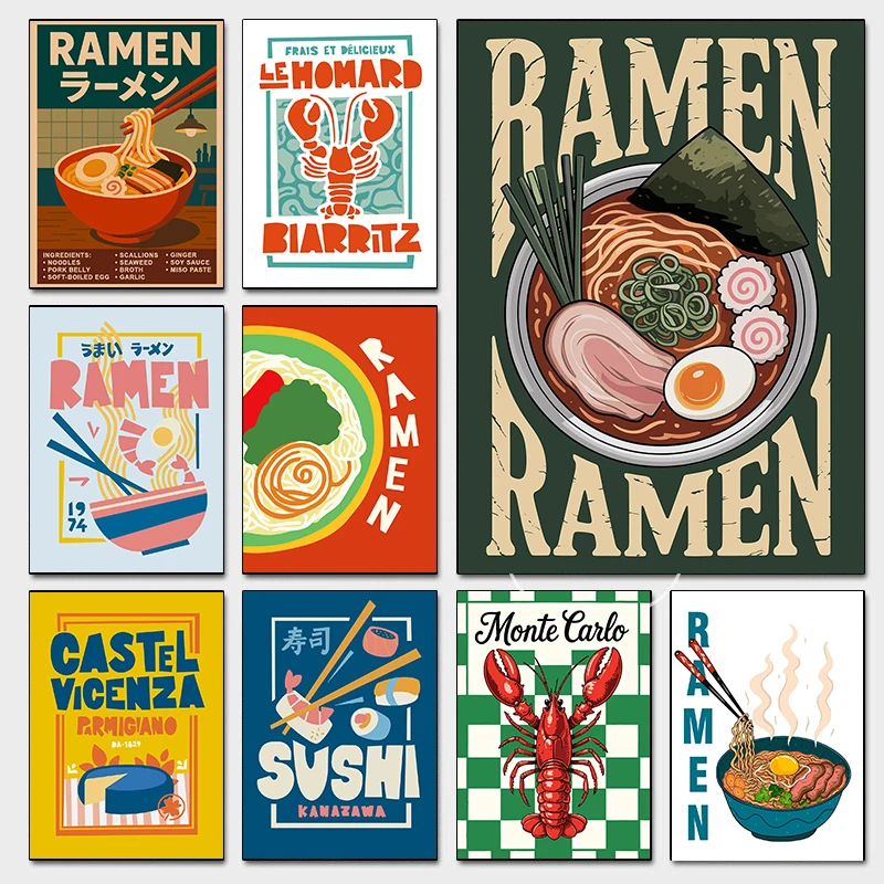 Pósteres minimalistas de comida para cocina, lagostas, queso Ramen, impresiones modernas, pintura en lienzo, imágenes artísticas de pared, decoración para el hogar y la sala de estar