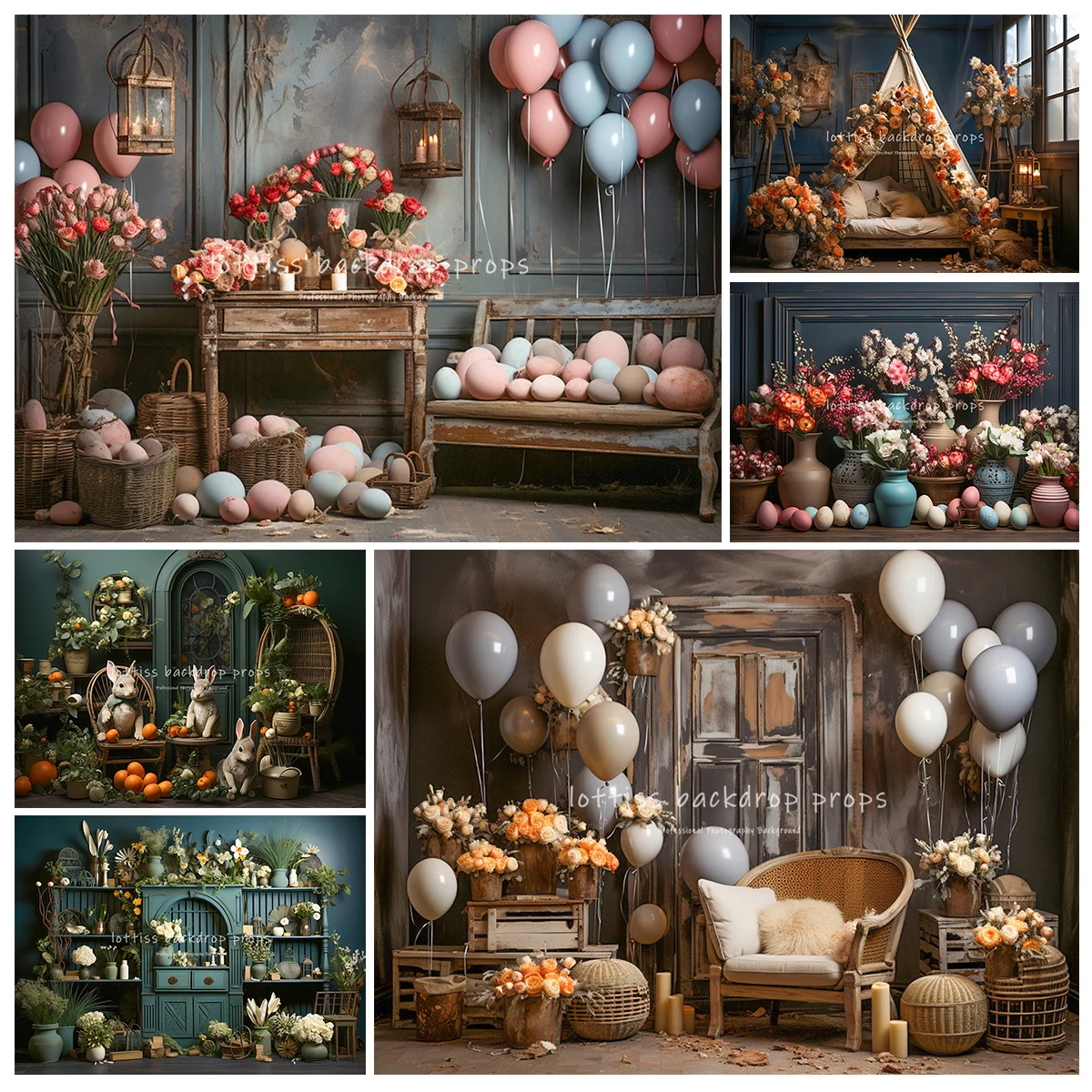 

Easter Bunny Room Backdrops Kids Baby Photography Child Adult Photocall Decors Floral Vases Eggs Retro House Backgrounds