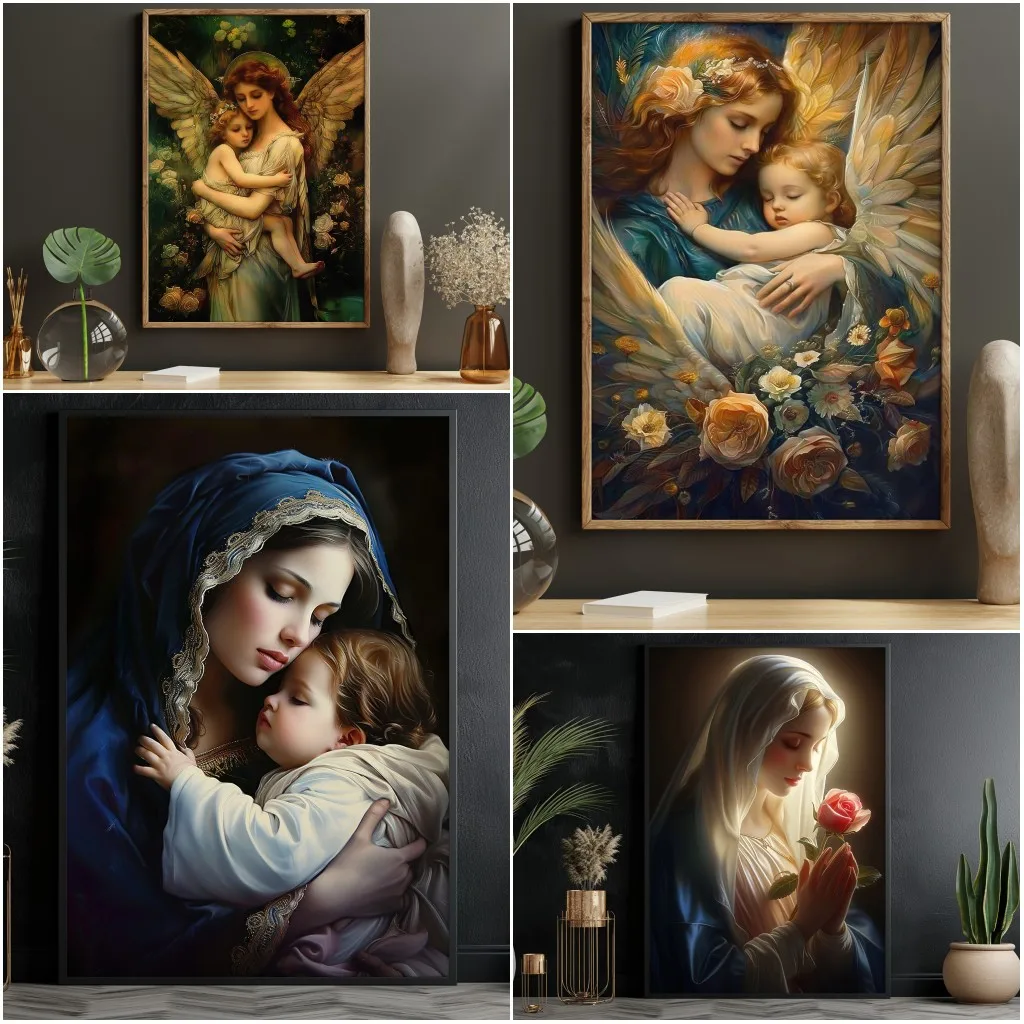 Vintage Catholic Poster Print Jesus Wall Art Holy Mother Maria Canvas Painting Living Room Bedroom Decoration