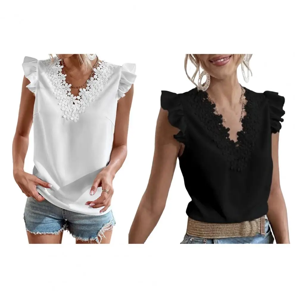 

2024 euro-n Women Spring and summer V-neck lace solid color patchwork pullover sleeveless vest t-shirt