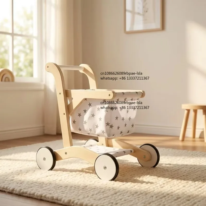 Natural Wood Baby Shopping Cart Walker Toy Star Printed Cloth Storage Bag Toddler Walking Training Pretend Montessori Play Toy