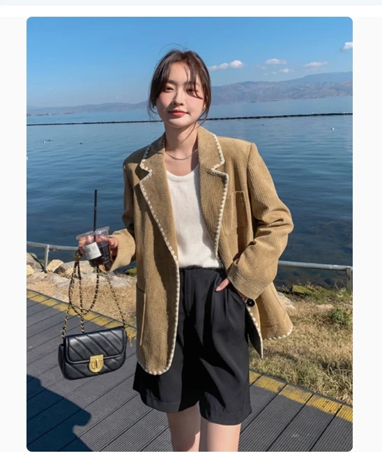 Vintage Corduroy Women's Suit Jacket Spring and Autumn 2024 Korean Style Chic Fashion Blazer High-end Silhouette Casual Suit Top