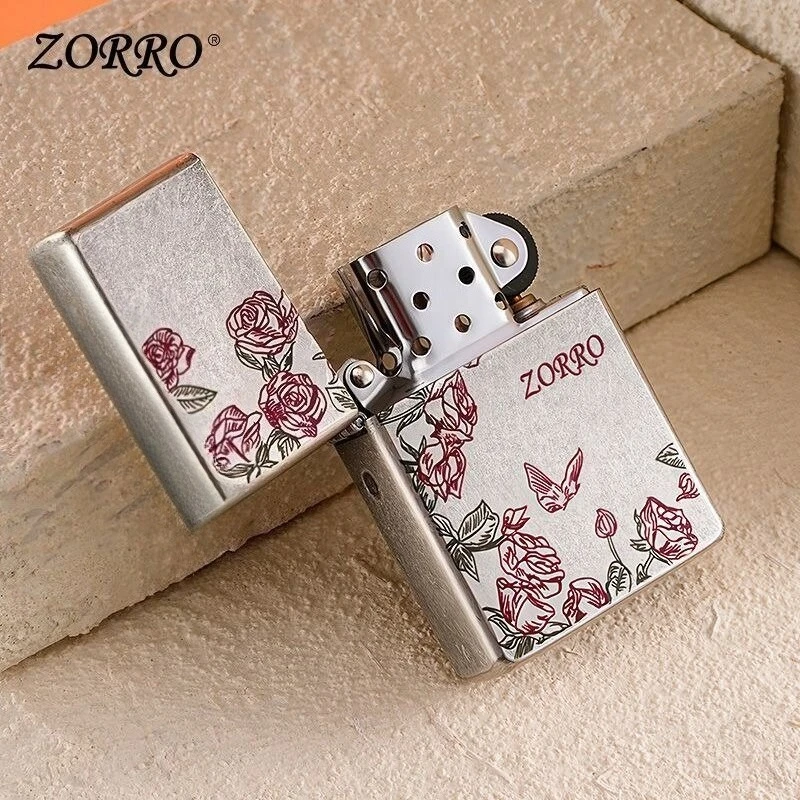 Zorro Butterfly Love Rose Antique Silver Knurled Series Windproof Kerosine Lighter for Male and Female Friends Gift Accessories