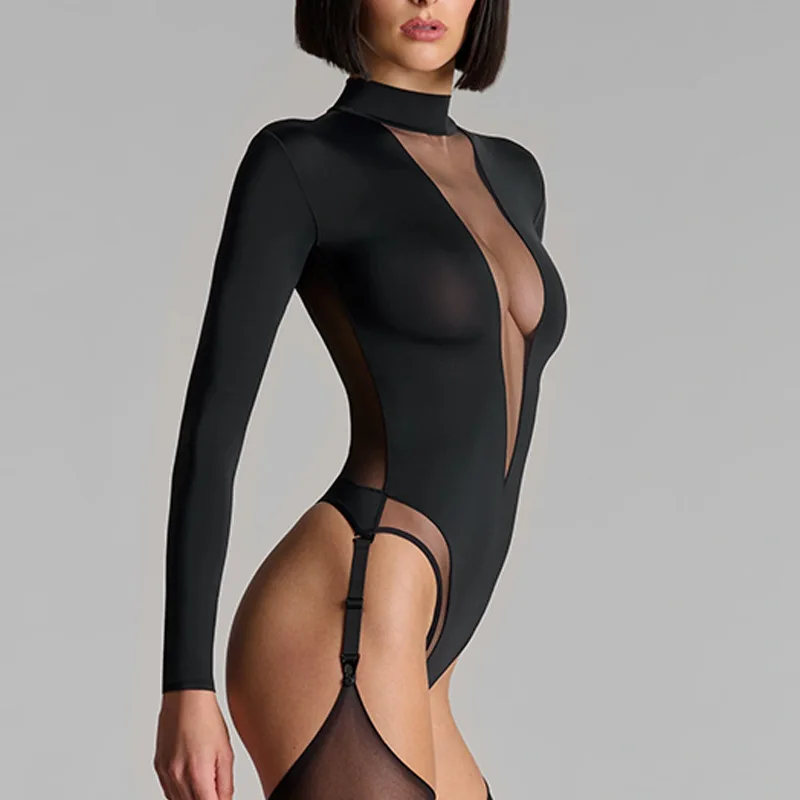 

Women's Sexy Deep V-Neck Long Sleeve Mesh Patchwork Jumpsuit Casual Spring Summer Fashion Clothing