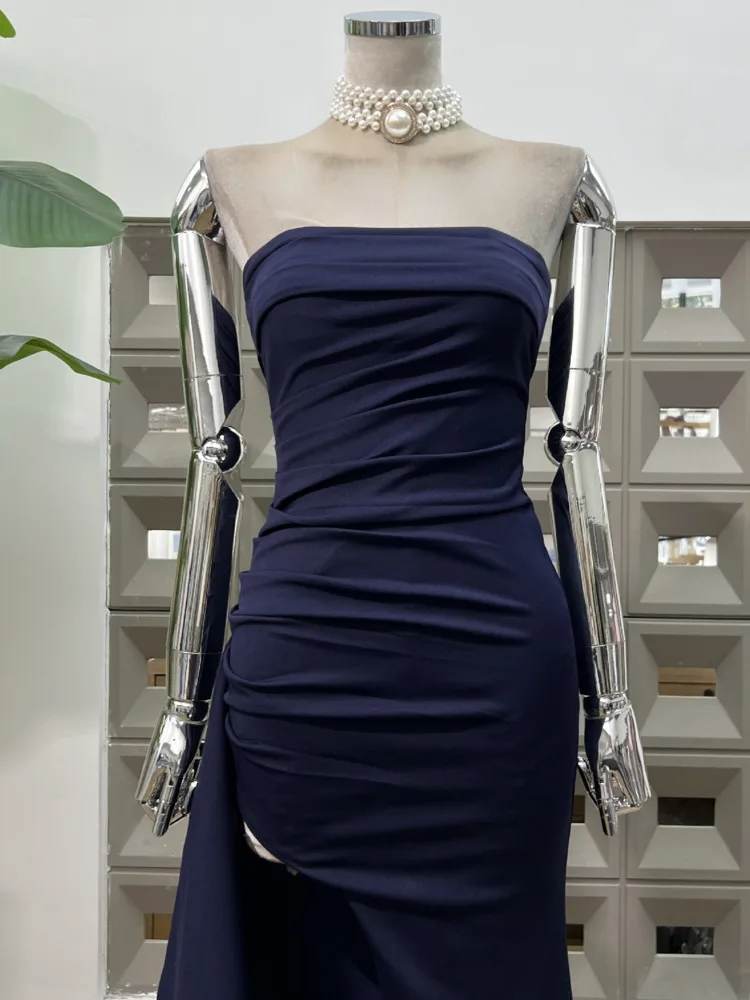 DFDG 2025 Wiosna Lato Damska Asymetryczna Sukienka Plisowana Seksowna Sukienka z Wysokim Rozcięciem typu Tube, Dopasowana, na Wesele, Koktajl, Imprezę Formalną