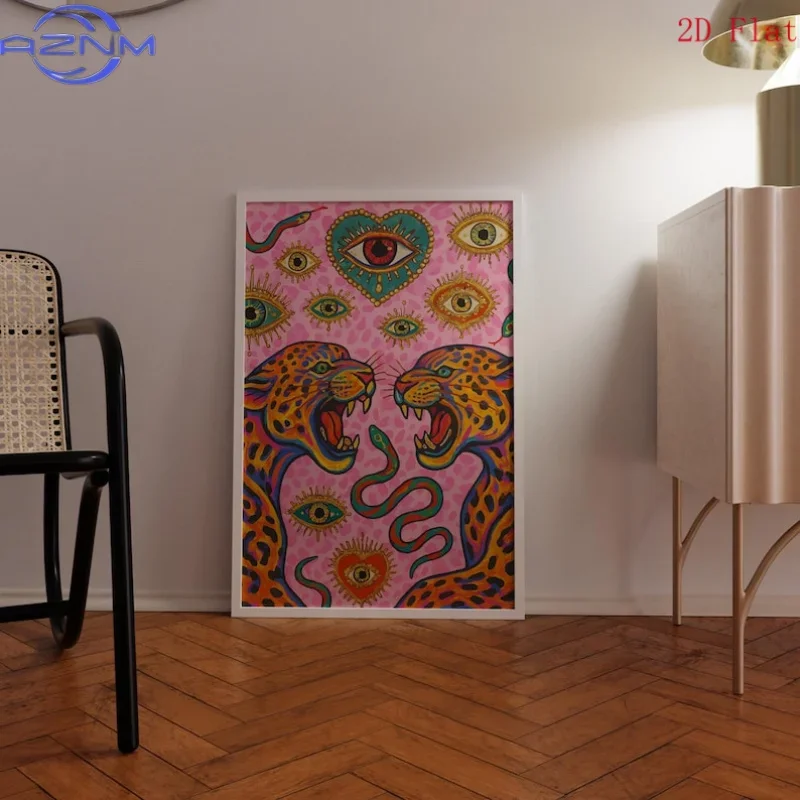 AZNM 2D Flat Retro Psychedelic Leopard Canvas Poster Wall Art Frameless Abstract Pink Animal Canavs Prints for Living Room Decor