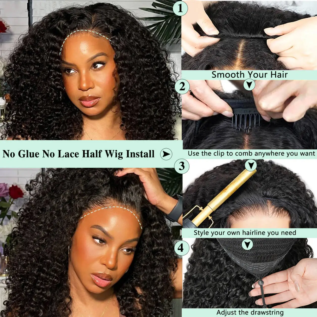 Machine Human Hair Wigs Burmese Curly Headband Wig Upgrade 3 IN 1 Half Wig With Drawstring Seamless Clip Ins Flip Over For Wome