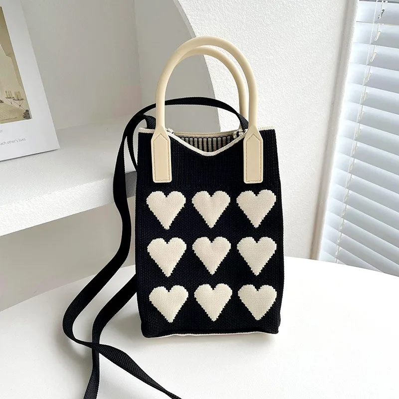 Fashion Love Knitted Handbag Mini Mobile Phone Shoulder Bag Versatile Woven Leisure Tote Reusable Shopping Bags Ladies Clutch