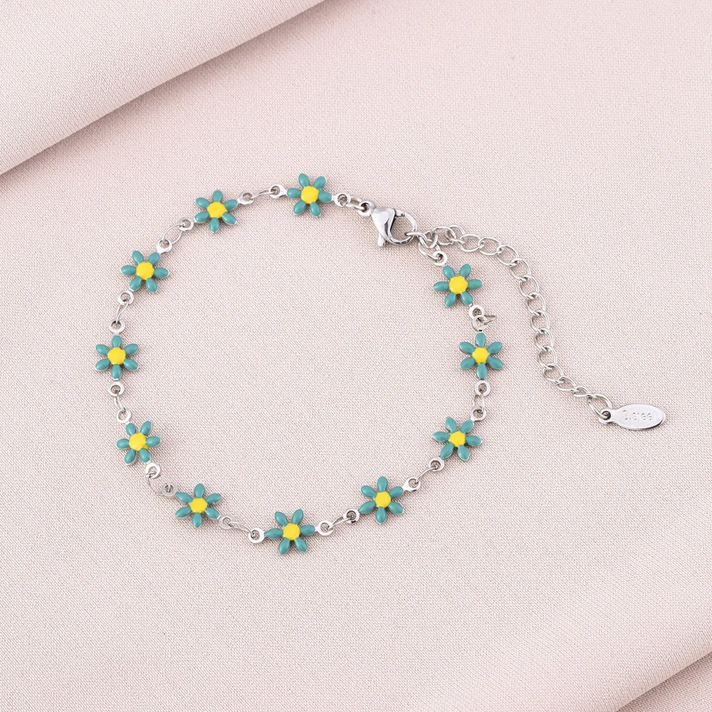 Fashion Stainless Steel Colorful Enamel Flower Bracelet For Women Lovely Girls Exquisite Wrist Chains Birthday Jewelry Gifts