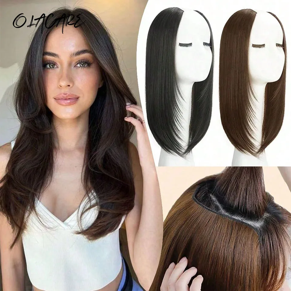 OLACARE Synthetic Long Straight U-Shaped Half Head Wig for Women Brown Black Clips in Hair Extension Natural Fake Hairpieces
