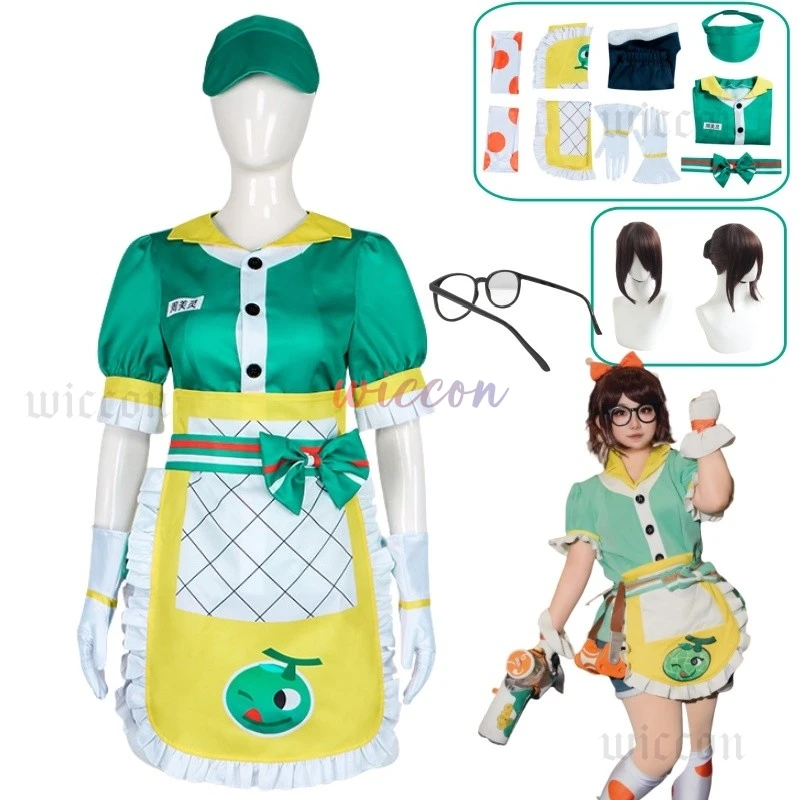 

Anime Game Meiling Zhou Cosplay Costume Suit Top Apron Trousers Socks Hat Outfit Glasses Women Carnival Party Set