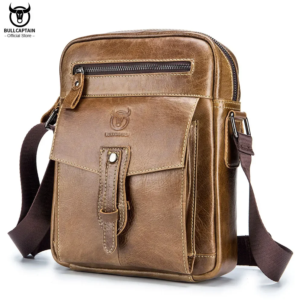 BULLCAPTAIN-Bolso de mensajero de cuero Retro para hombre, bolsos de hombro casuales, bolso con tapa, bolsos de negocios de moda de marca de lujo