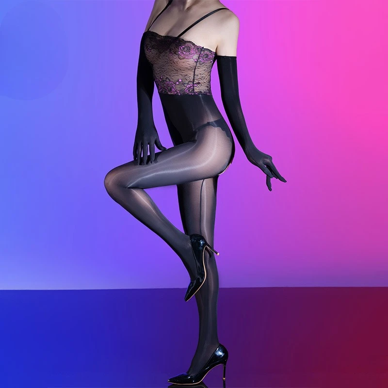

Oil Shiny Stocking Bodysuits Women Lace Camisole Strapless Jumpsuits 5D Smooth Silky Tights Crotchless Pantyhose Erotic Lingerie