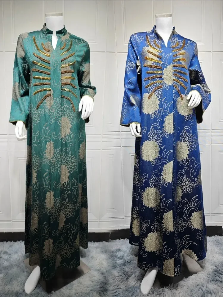 Ramadan Dubai Embroidery V-Neck Abaya For Muslim Women's Beading Floral Print Kaftan Moroccan Polyester Dresses 2025