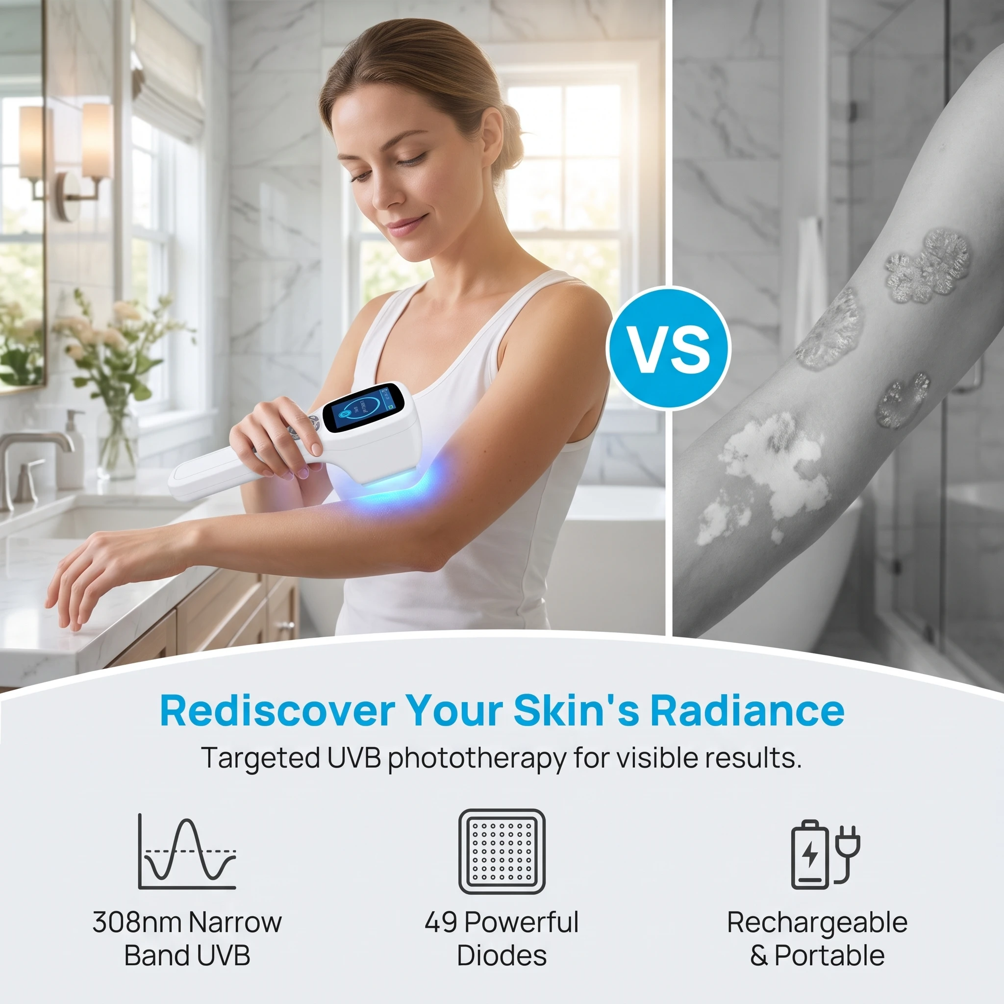 Handheld 308nm UVB Phototherapy Lamp 49 Diodes Targeted Light Therapy Relieve Psoriasis Vitiligo Eczema Dermatitis Skin Disorder