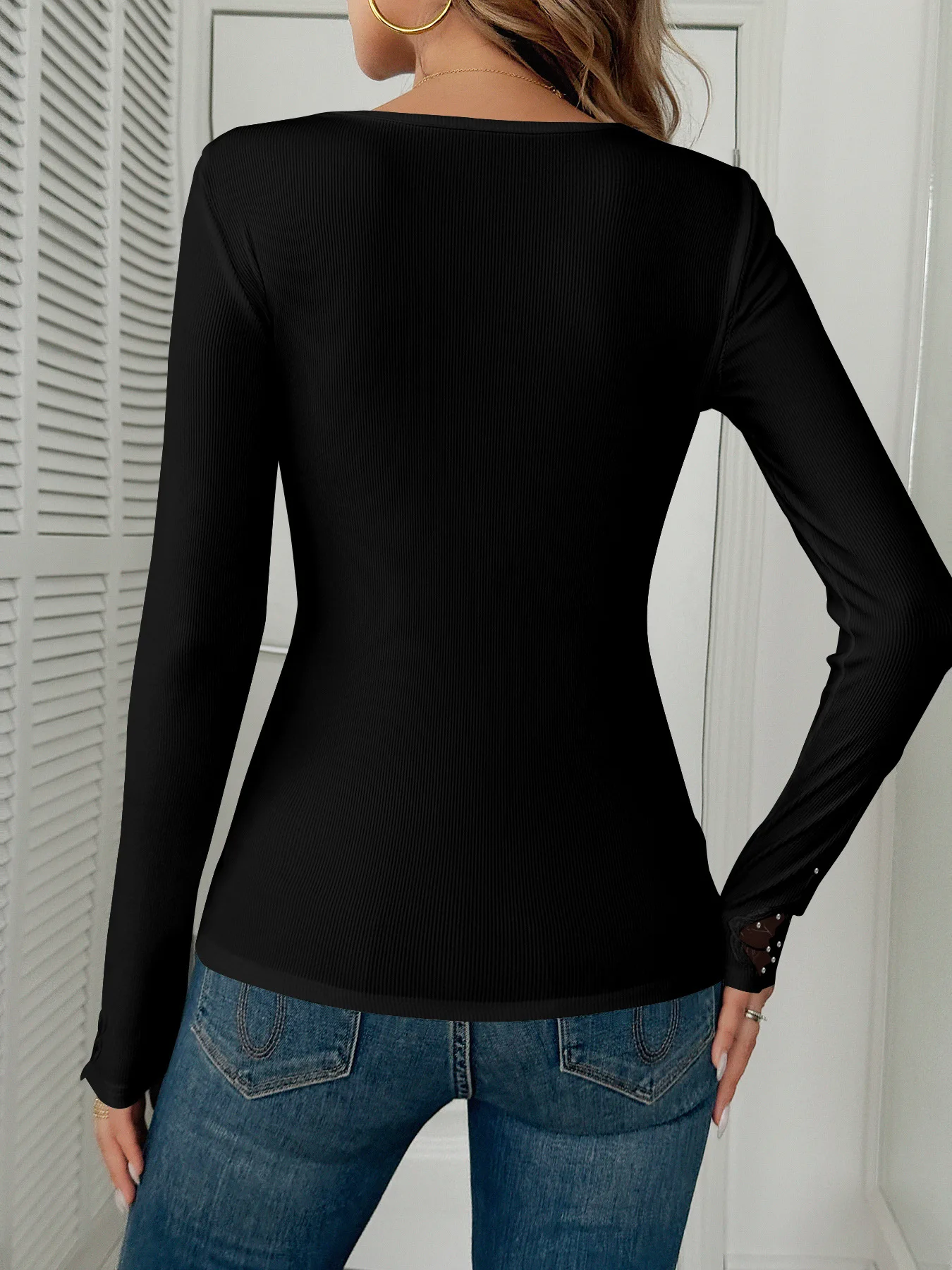 Fall new collection elegant lady's quilted lace trimmed sequined long-sleeved top