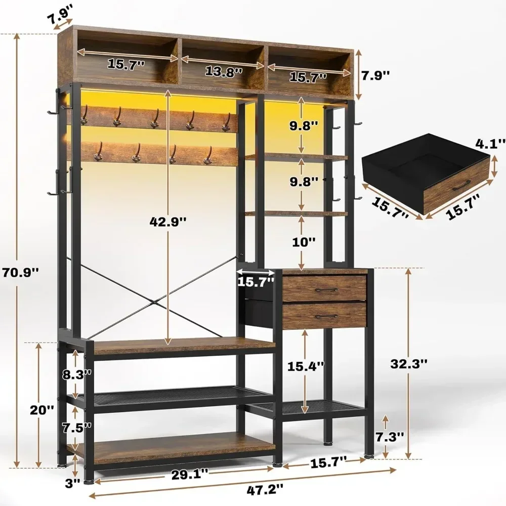 Hall Tree with Bench and Shoe Storage, 7-in-1 Entryway Bench with Coat Rack, 3 Storage Cubbies, 3 Storage Shelves, 17 CoatHooks