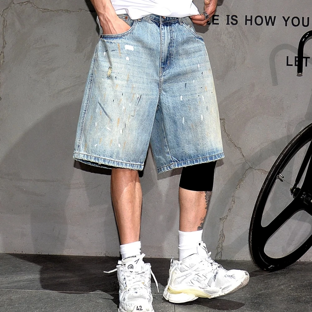 Korean Streetwear Men Hip Hop Splatter Paint Denim Shorts Summer Loose Fit Straight Leg Jorts 5 Inch Inseam Skate Trendy Casual
