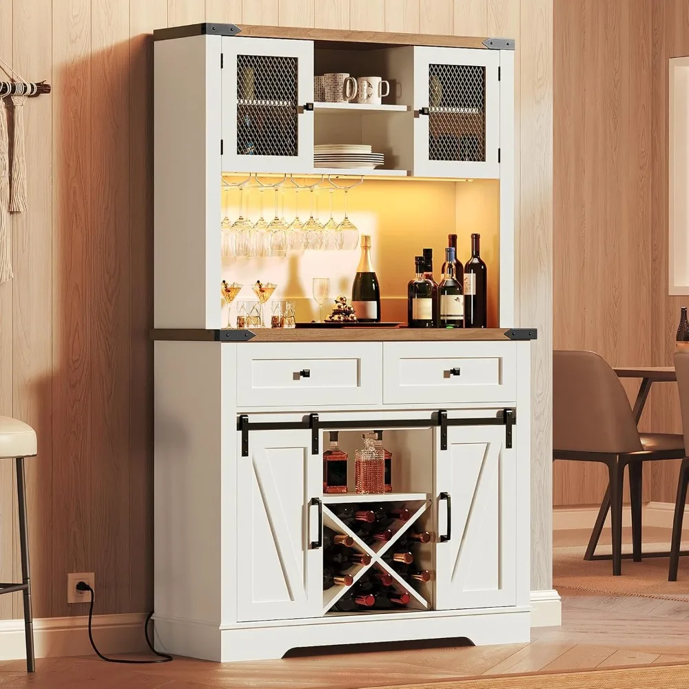 Tall Coffee Bar Cabinet, Farmhouse Bar Cabinet with Light and Power Outlet, 70.8" Buffet Cabinet with Storage, Sliding Barn Door