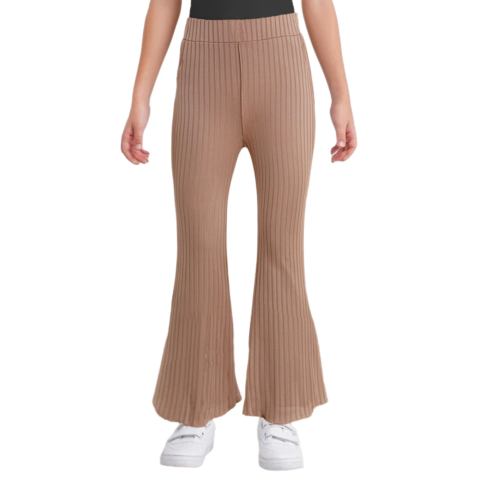 

Kids Girls Striped Texture Flared Pants Casual Elastic Waistband Lettuce Hem Bell-Bottom Trousers with Pockets for Yoga Sports