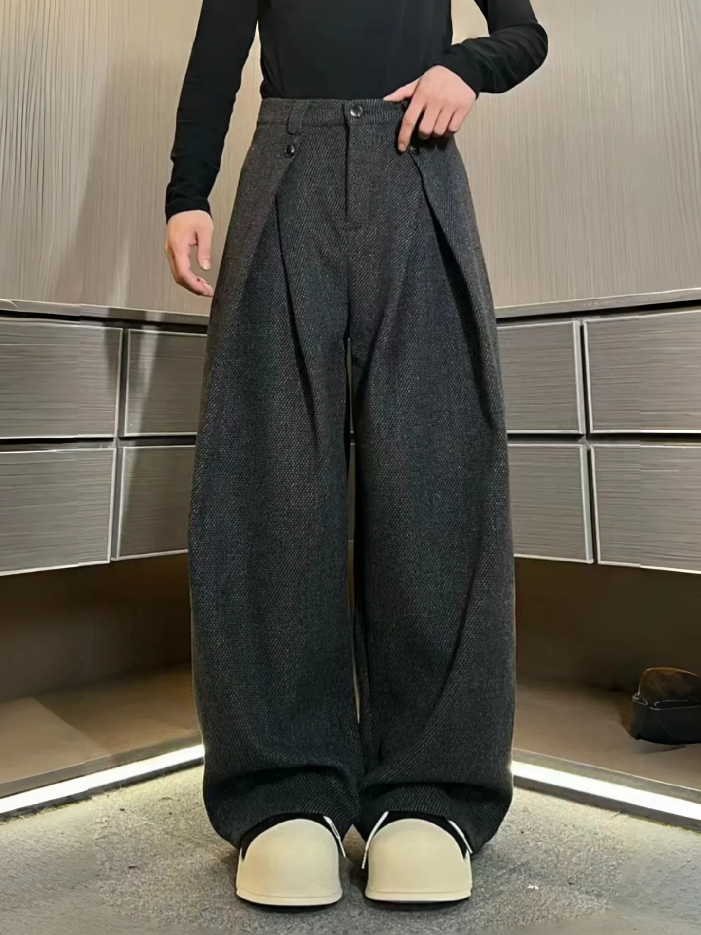 

Men's Winter Thiened Woolen Knife Pants Casual Loose Wide Leg Trousers Comfortable Faionable Straight Cut Trousers