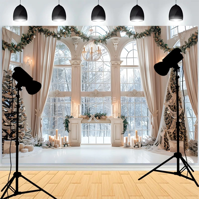 

Christmas Tree Gifts Window Photography Backdrop Living Room Snowflake Family Party New Year Holidays Studio Background XH-22