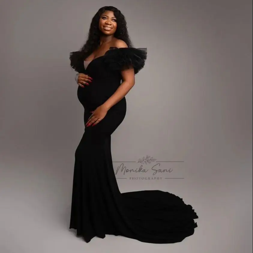 

Linda Mermaid Maternity Dresses Black Off Shoulder Sleeveless Photography Props Customized Pregnant Outfit Wear Babyshower Gowns