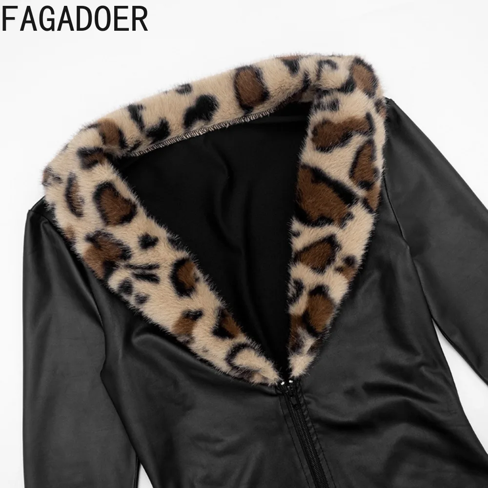 FAGADOER, peleles sexis de piel de cuero con retales para mujer, monos de manga larga con cuello en V profundo y estampado de leopardo, ropa para discoteca para mujer, monos nuevos