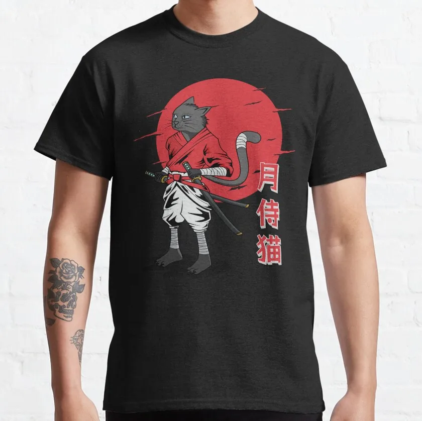 

Cat samurai cat life is purrfect red moon black cat funny t shirt for cat lover 100% cotton Ninja Cat printed plus size clothing